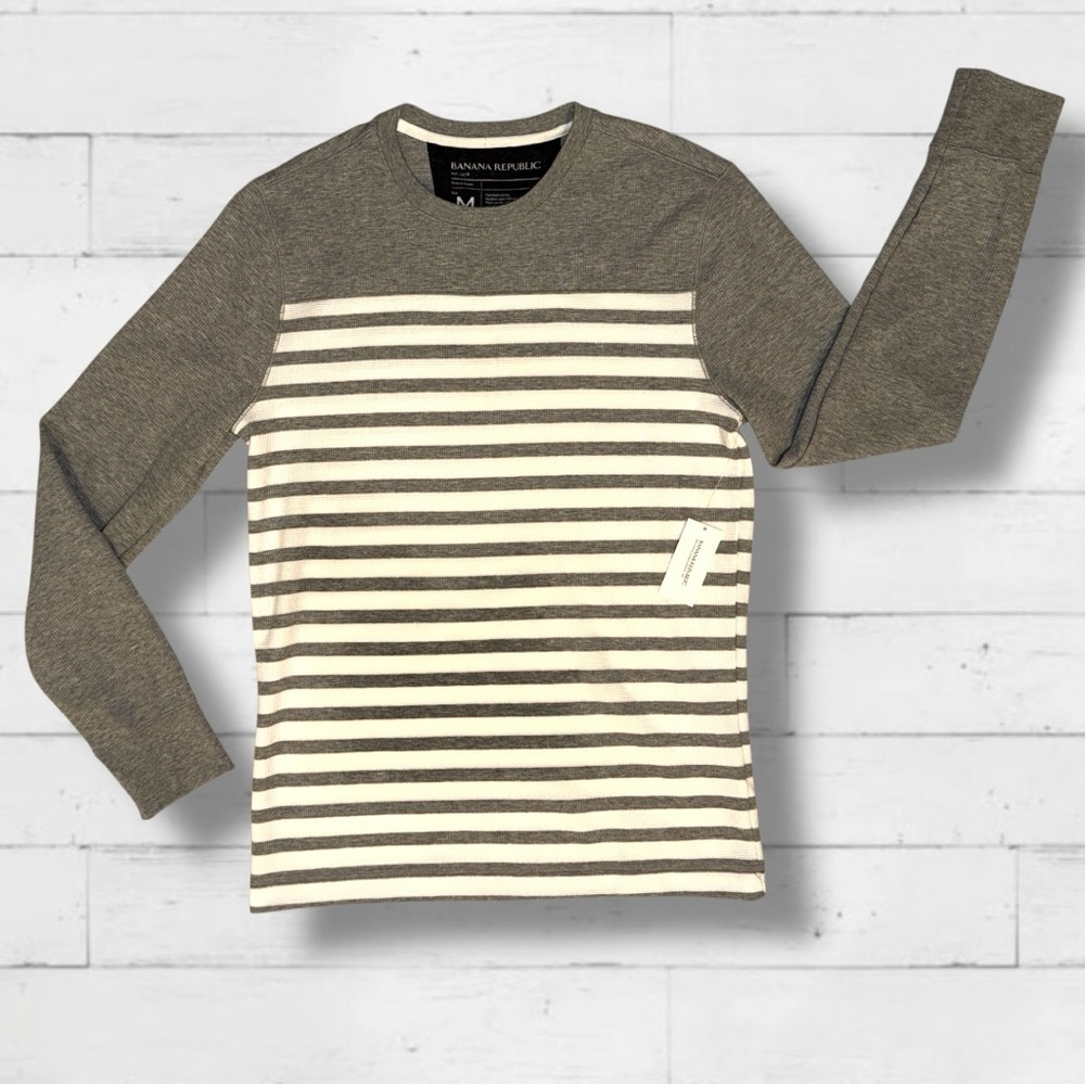 Banana Republic Men’s Pullover Long Sleeve Stripe Crewneck Gray White NWT Size M